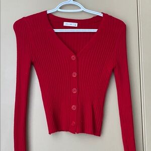 Active USA Red Ribbed V-Neck Button Cardigan